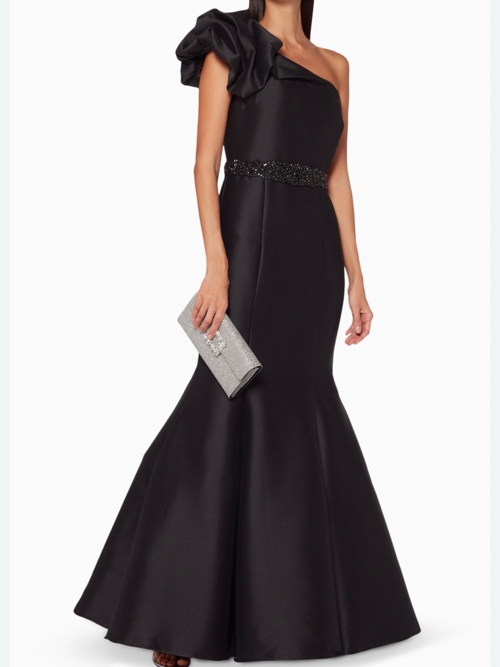 Badgley Mischka One-Shoulder Black Evening Gown with Ruffled Shoulder